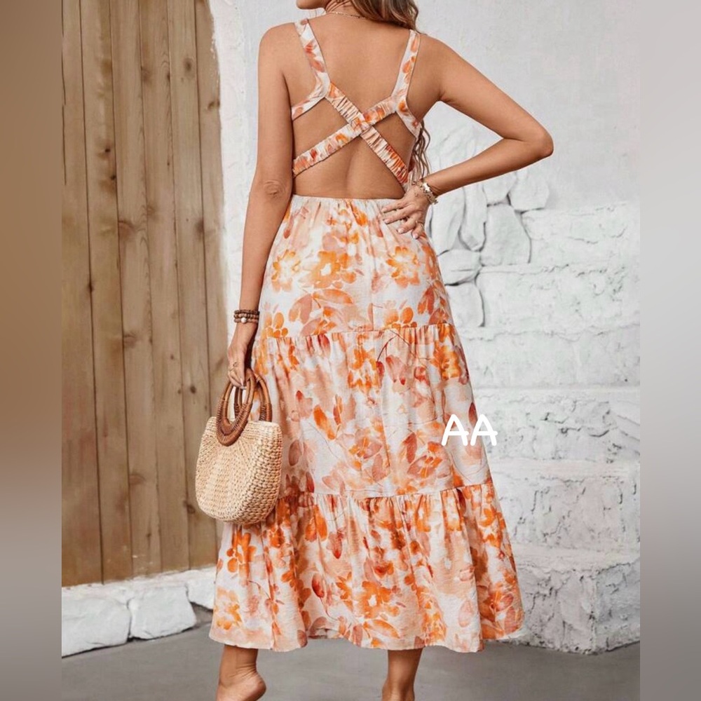 Boho Floral Print Spaghetti Strap Crisscross Black Dress - Picture 7 of 7